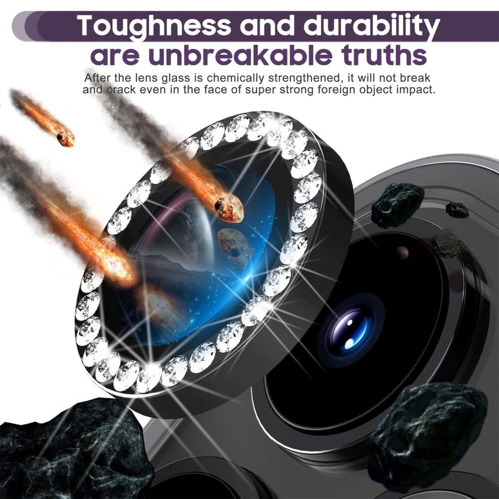 Kameralinsebeskyttelse m. Rhinestone for iPhone 15 Pro / 15 Pro Max - Svart