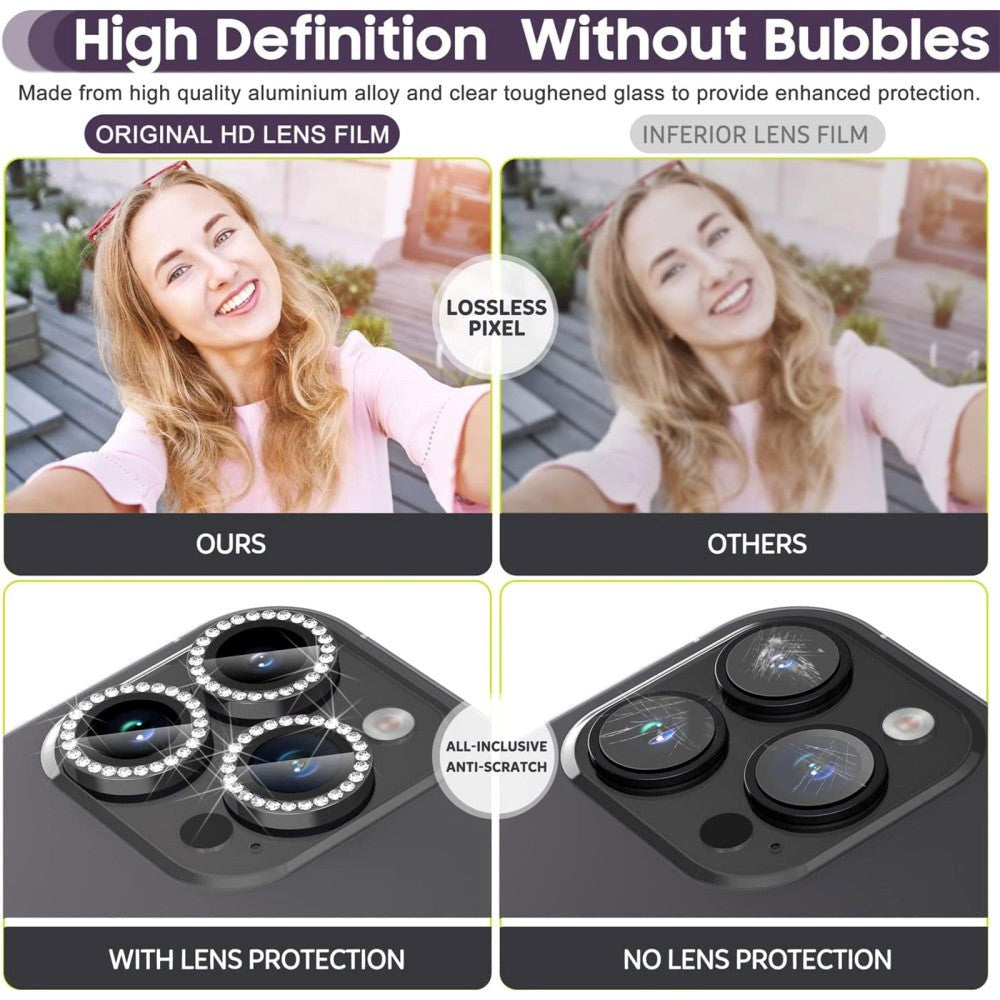 Kameralinsebeskyttelse m. Rhinestone for iPhone 15 Pro / 15 Pro Max - Svart