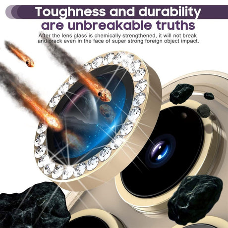 Kameralinsebeskyttelse m. Rhinestone for iPhone 15 Pro / 15 Pro Max - Gull