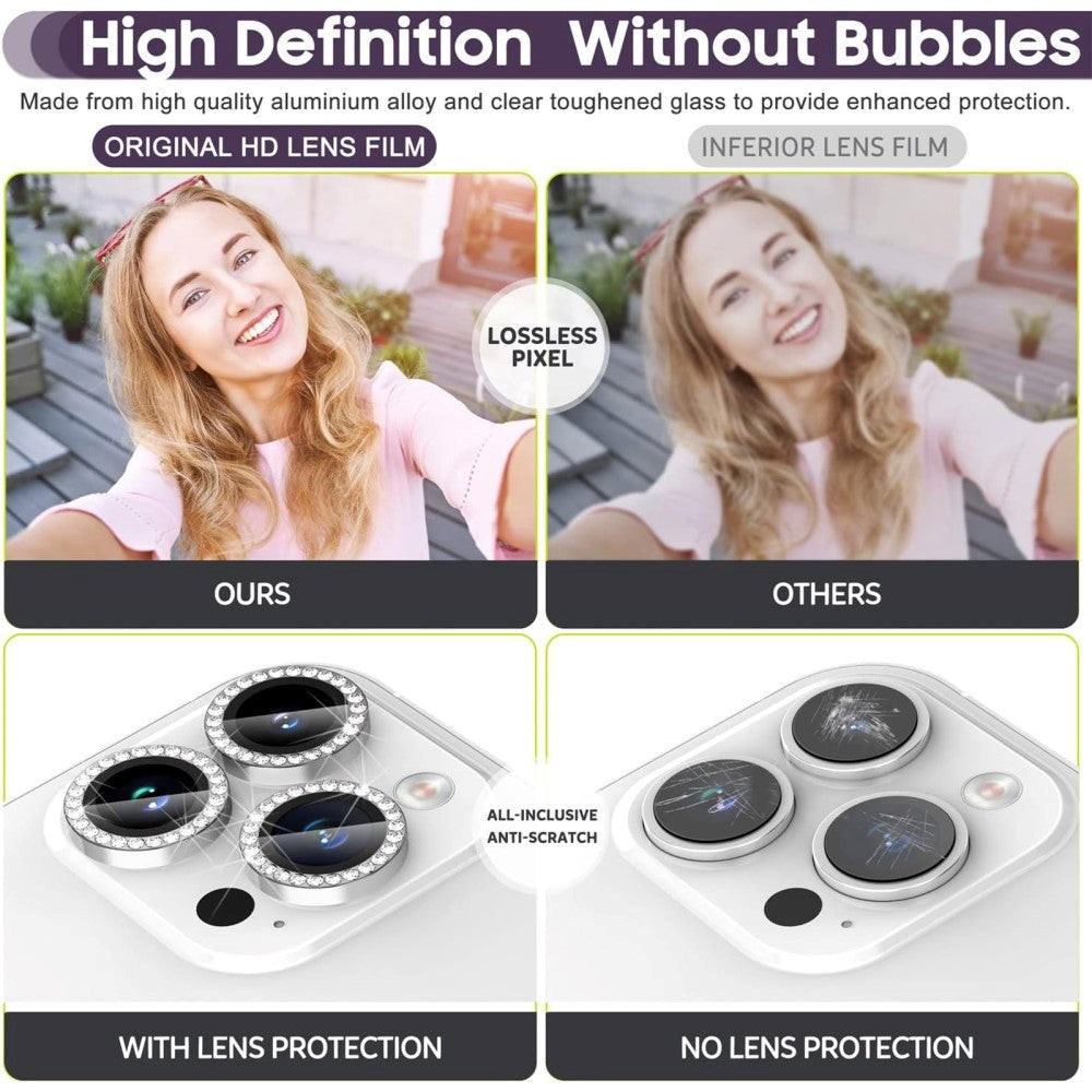 Kameralinsebeskyttelse m. Rhinestone for iPhone 15 Pro / 15 Pro Max - Sølv