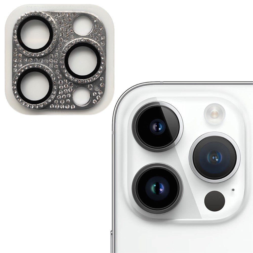 iPhone 15 Pro / 15 Pro Max Kameralinsebeskyttelse m. Rhinestone - Sølv