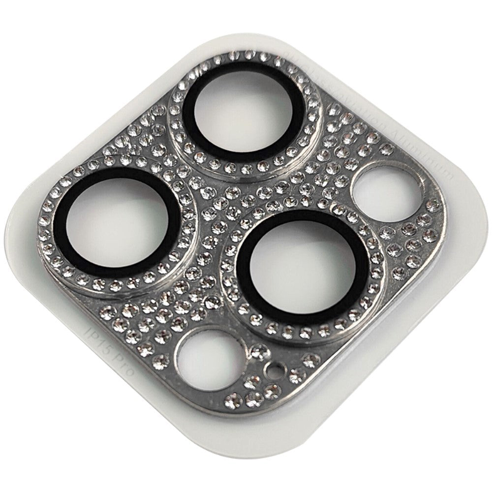 iPhone 15 Pro / 15 Pro Max Kameralinsebeskyttelse m. Rhinestone - Sølv