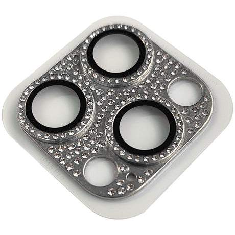 iPhone 15 Pro / 15 Pro Max Kameralinsebeskyttelse m. Rhinestone - Sølv