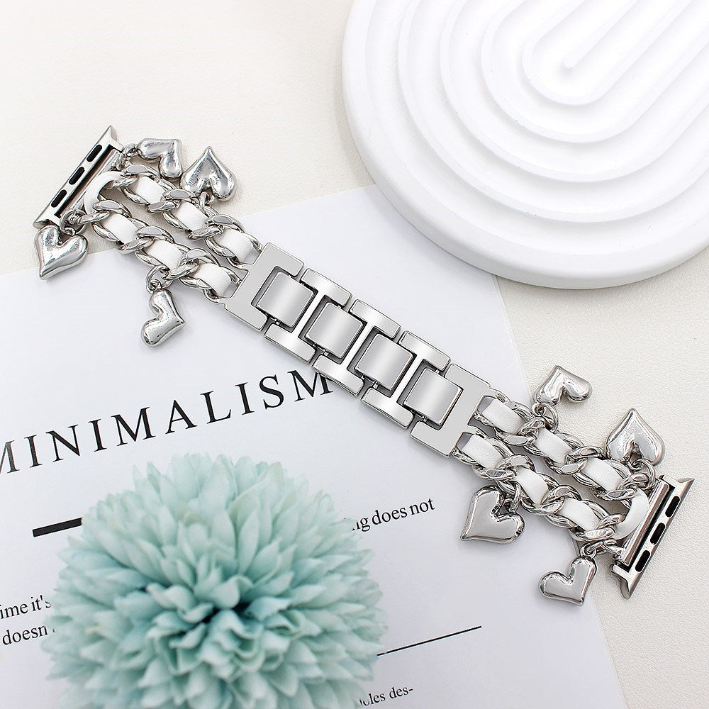 Apple Watch (38 / 40 / SE / 41 / 42 mm) - EIDERWOOD metallrem m. Vegansk lær og anheng - Sølv / Hvit