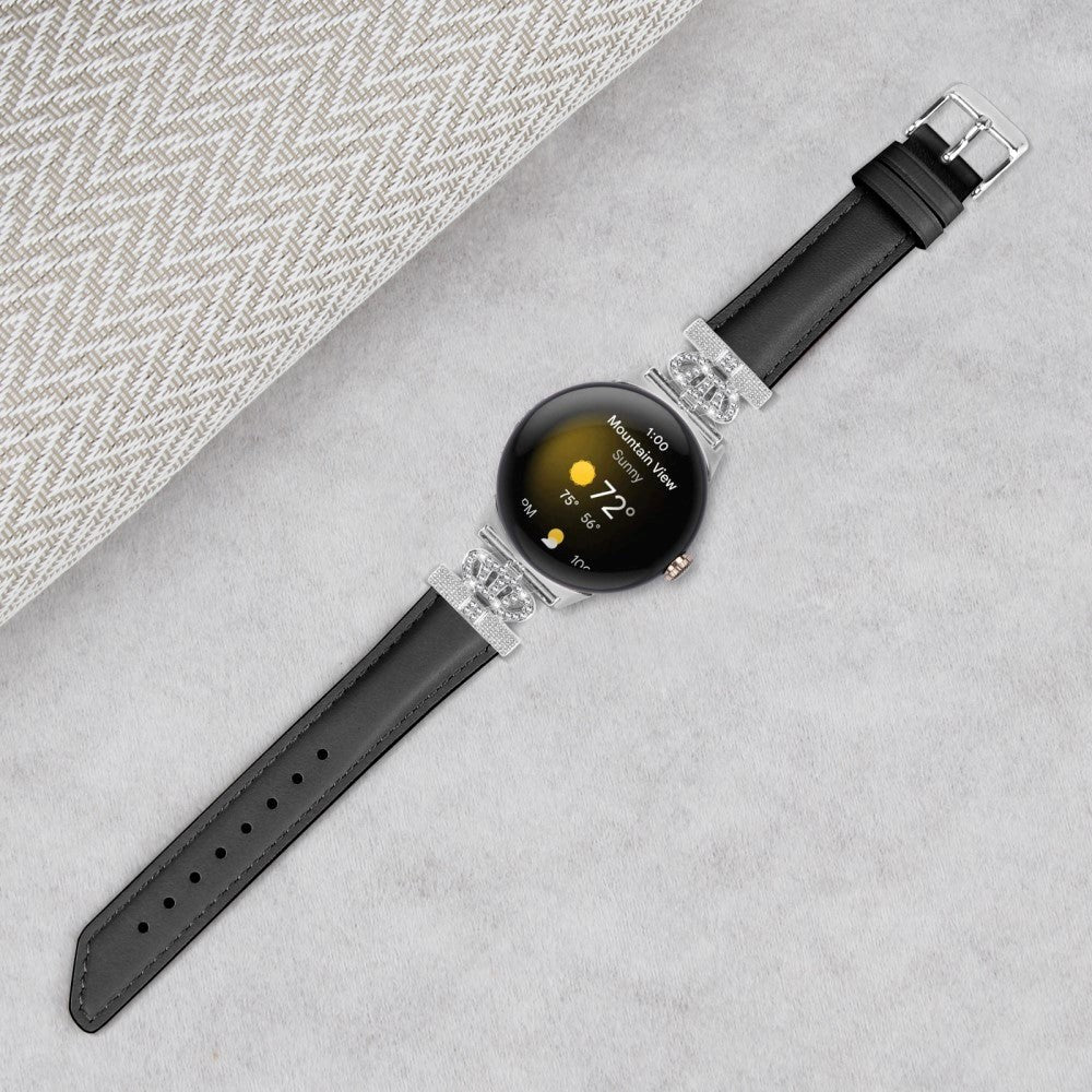 Google Pixel Watch 1/2/3 skinnklokkerem m. Sølv Rhinestone-spenne - Svart