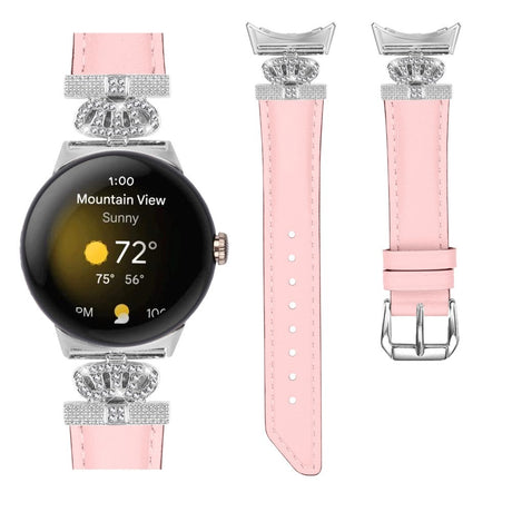 Google Pixel Watch 1/2/3 skinnklokkerem m. Sølv Rhinestone-spenne - Rosa