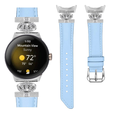 Google Pixel Watch 1/2/3 skinnklokkerem m. Sølv Rhinestone-spenne - Blå