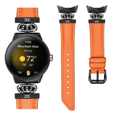 Google Pixel Watch 1/2/3 skinnklokkerem m. Svart Rhinestone-spenne - oransje