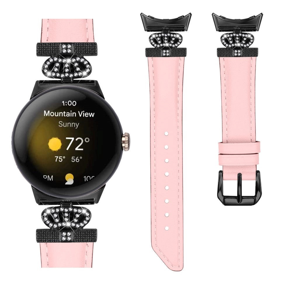 Google Pixel Watch 1/2/3 skinnklokkerem m. Svart Rhinestone-spenne - Rosa