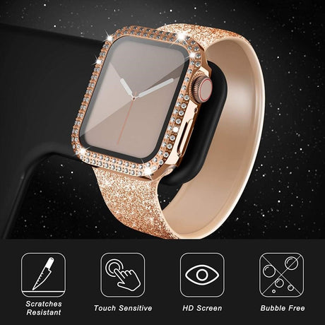 Apple Watch SE/6/5/4 (44 mm) hardplastdeksel m. Innebygd skjermbeskytter - Rose Gold &amp; Rhinestone