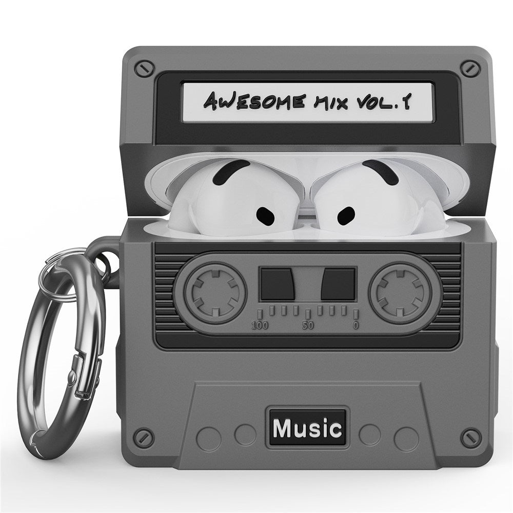 Apple AirPods (4. Gen.) Silikone Cover m. Kassettebånd Design & Karabinhage - Grå