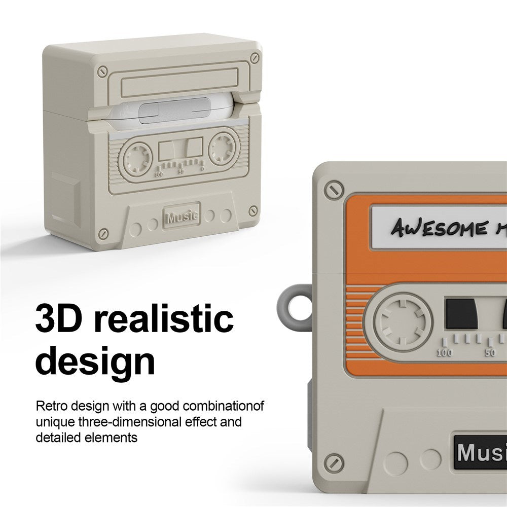 Apple AirPods (4. Gen.) Silikone Cover m. Kassettebånd Design & Karabinhage - Grå