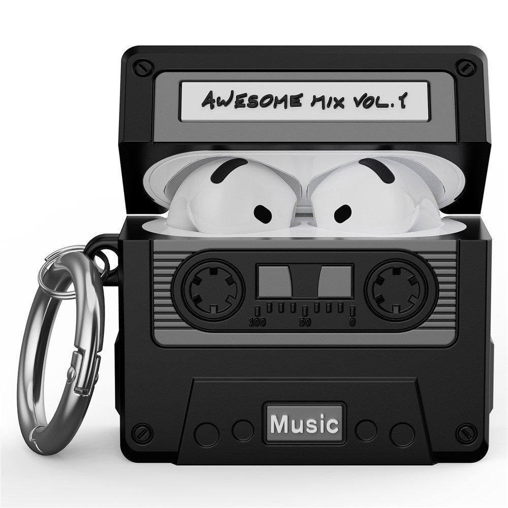 Apple AirPods (4. Gen.) Silikone Cover m. Kassettebånd Design & Karabinhage - Sort