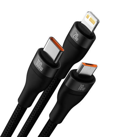 Baseus Flash Series 2 - 3-i-1 100W USB Multi-kabel m. USB-C, Lightning &amp; Micro-USB - 1,2 meter - Svart