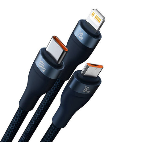 Baseus Flash Series 2 - 3-i-1 100W USB Multi-kabel m. USB-C, Lightning &amp; Micro-USB - 1,2 meter - blå