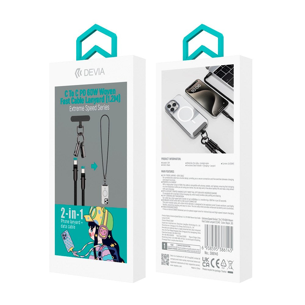 2-i-1 telefonstropp &amp; USB-C til USB-C-kabel - Devia - Svart