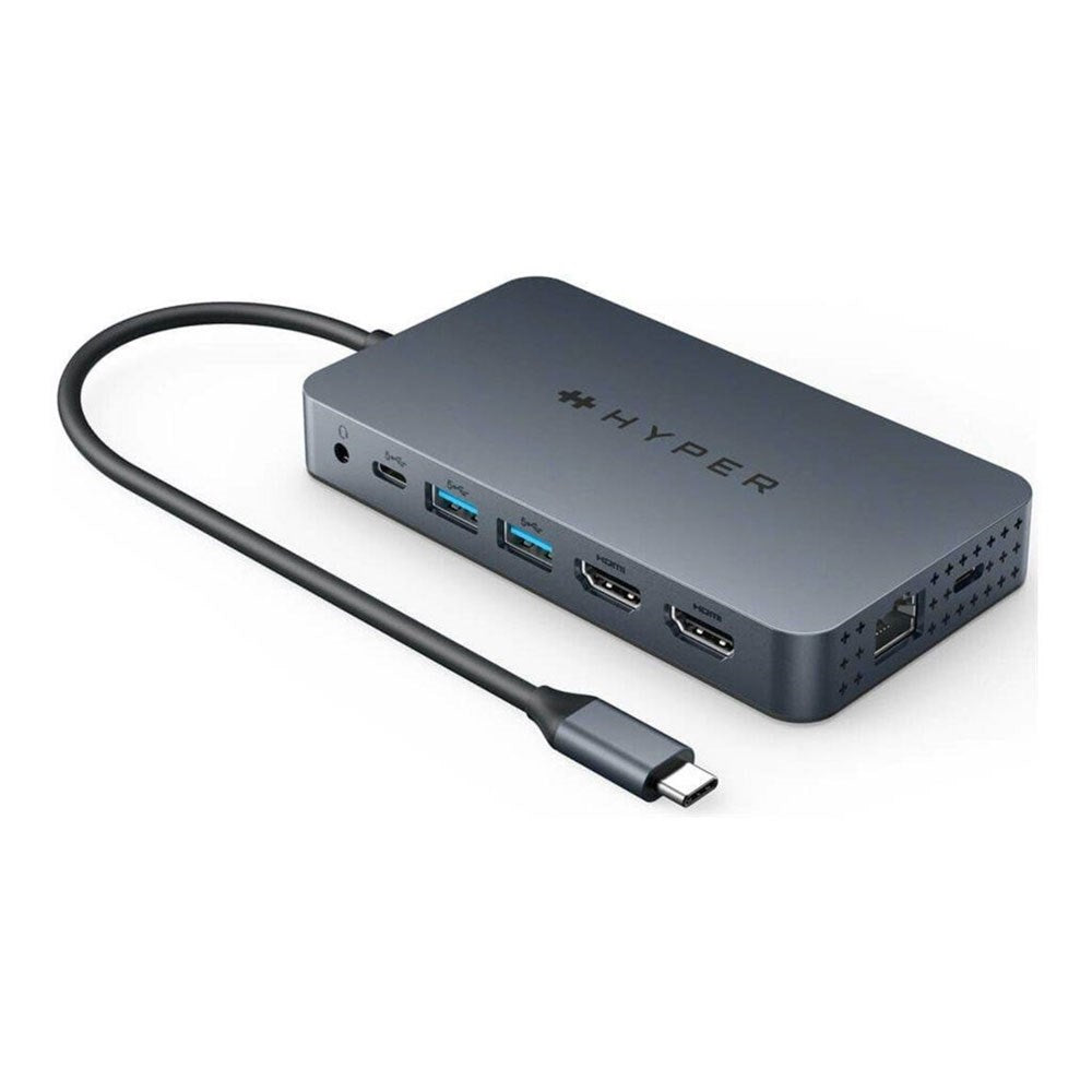 Hyper HyperDrive Ecosmart 10-i-1 USB-C Hub - 2 x USB-A 2 x USB-C 2 x HDMI 1 x Ethernet 1 x 3.5mm Jackstik 1 x SD- & MicroSD-Kort - Grå