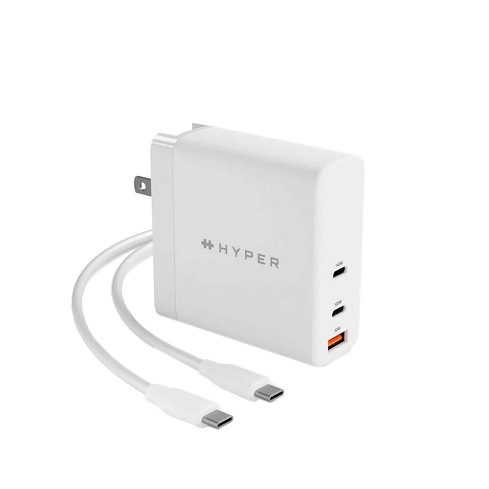 Hyper 140W GaN Vægoplader m. 2 x USB-C, 1 x USB-A og Rejseadaptere - Hvid