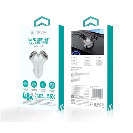 Devia Y-formet billader m. 2 x USB-C og 2 x USB-A - 48W - Sølv