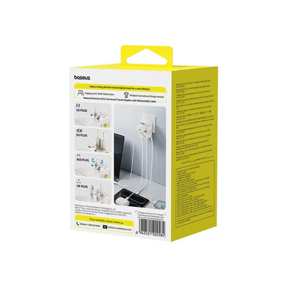 Baseus 70W 6-i-1 Rejseadapter m. Udtrækkeligt USB-C Kabel - Hvid