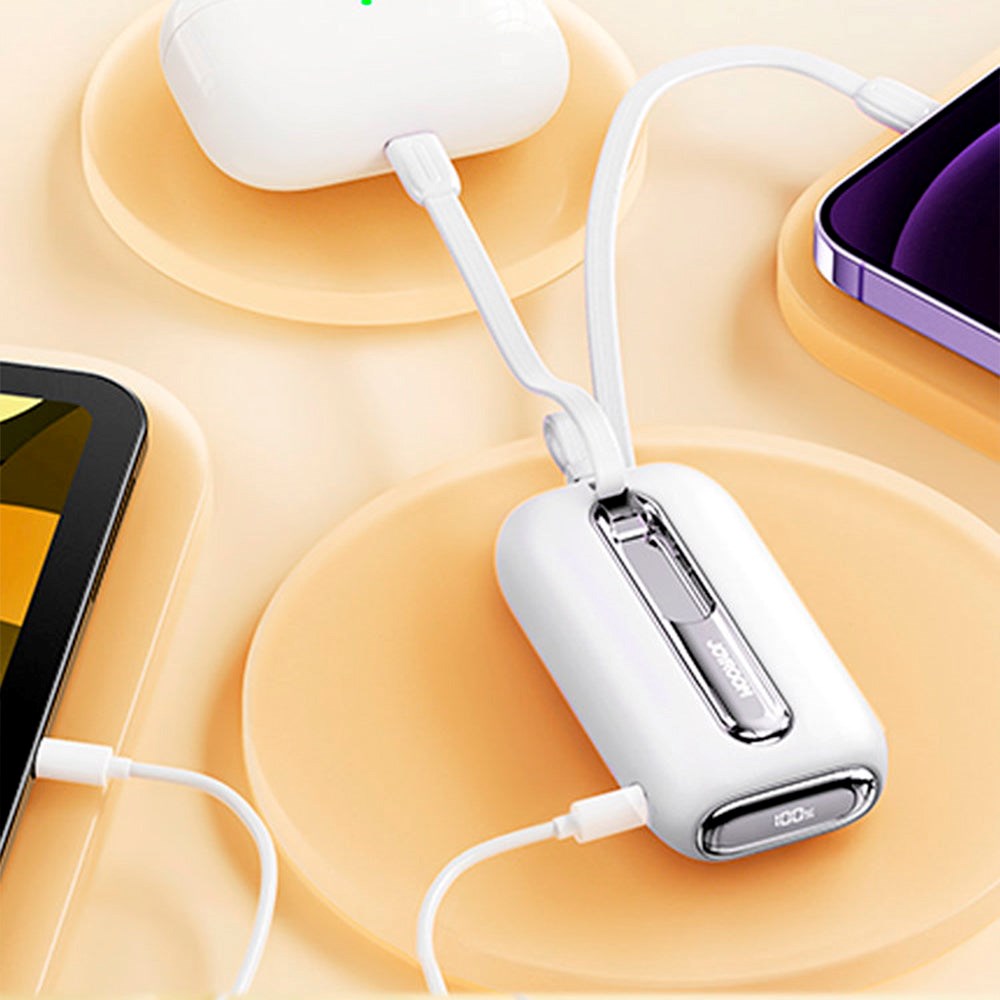 Joyroom JR-L012 Powerbank 22,5W USB-C PD w. Innebygd USB-C &amp; Lightning-kabel - 10 000 mAh - Hvit