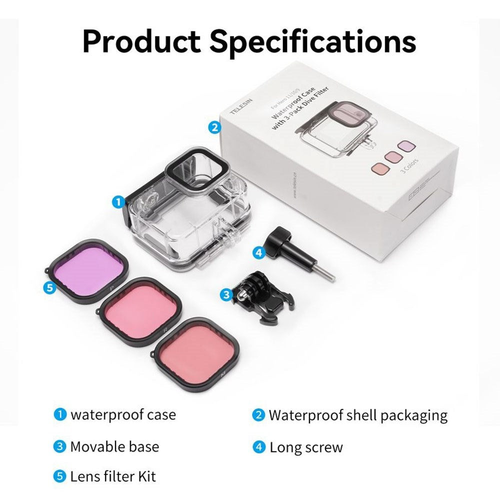 TELESIN Vandtæt Cover til GoPro Hero 9 / 10 / 11 / 12 / 13 m. Dykkerlinse Kit - Gennemsigtig / Sort