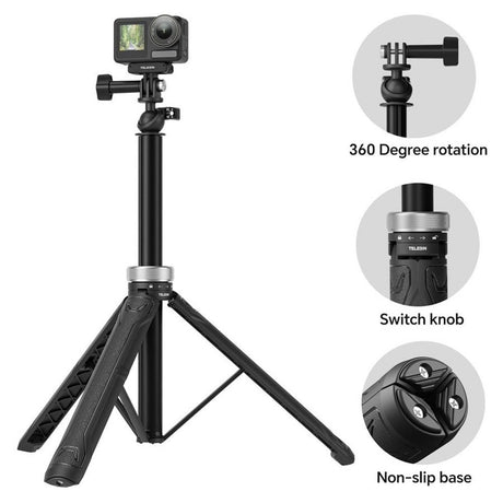 TELESIN 3-i-1 Selfie Stang til Action Kamera - Tripod Funktion - Sort