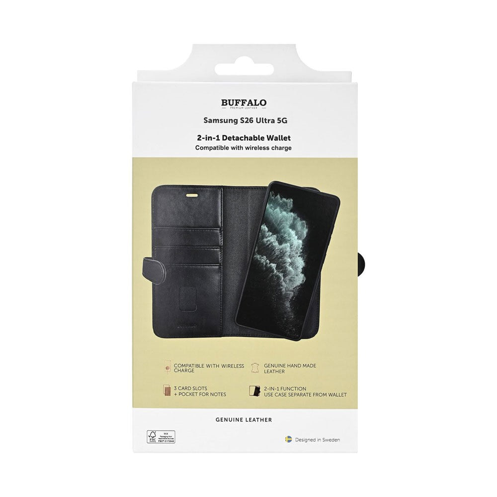 Buffalo Samsung Galaxy S26 Ultra 2-i-1 Flip Cover - Ægte Læder - MagSafe Kompatibel - Sort