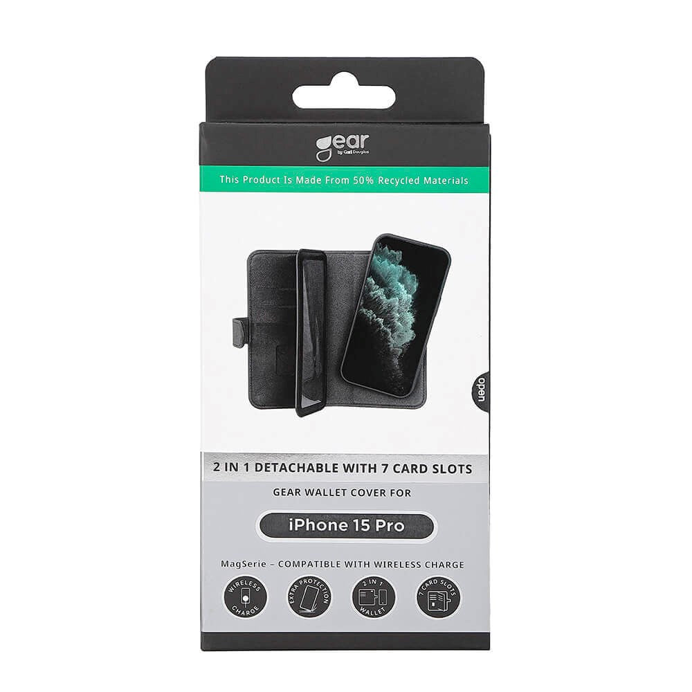 iPhone 15 Pro GEAR Leather Flip Cover 2-i-1 w. Lommebok 7 kort - Svart