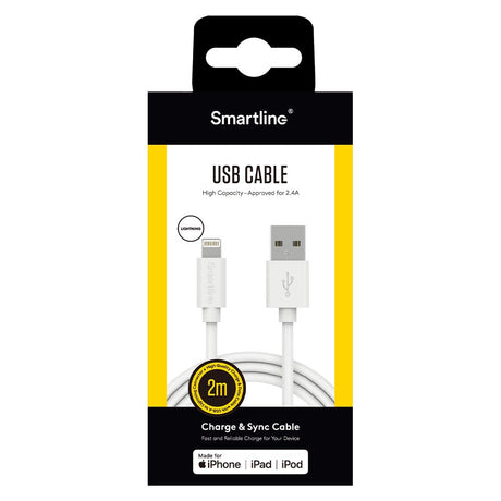 Smartline USB-A til Lightning-kabel 2 m. - Hvit