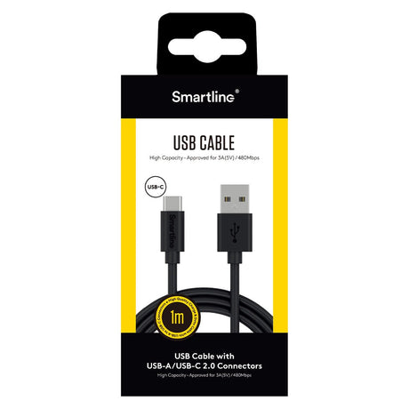 Smartline (3A/15W) USB2.0 - USB-C-kabel 1 m. - Svart