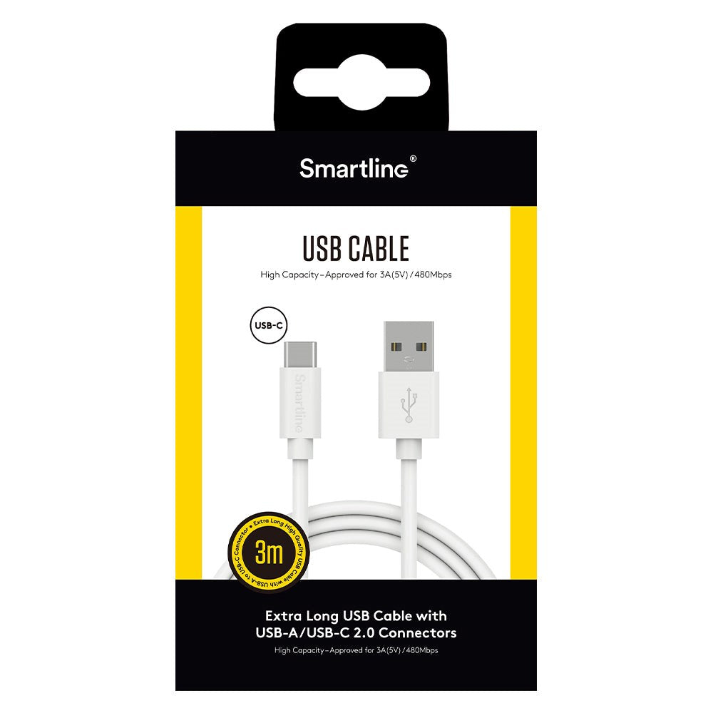 Smartline (3A/15W) USB2.0 - USB-C-kabel 3 m. - Hvit