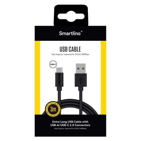 Smartline (3A/15W) USB2.0 - USB-C-kabel 3 m. - Svart