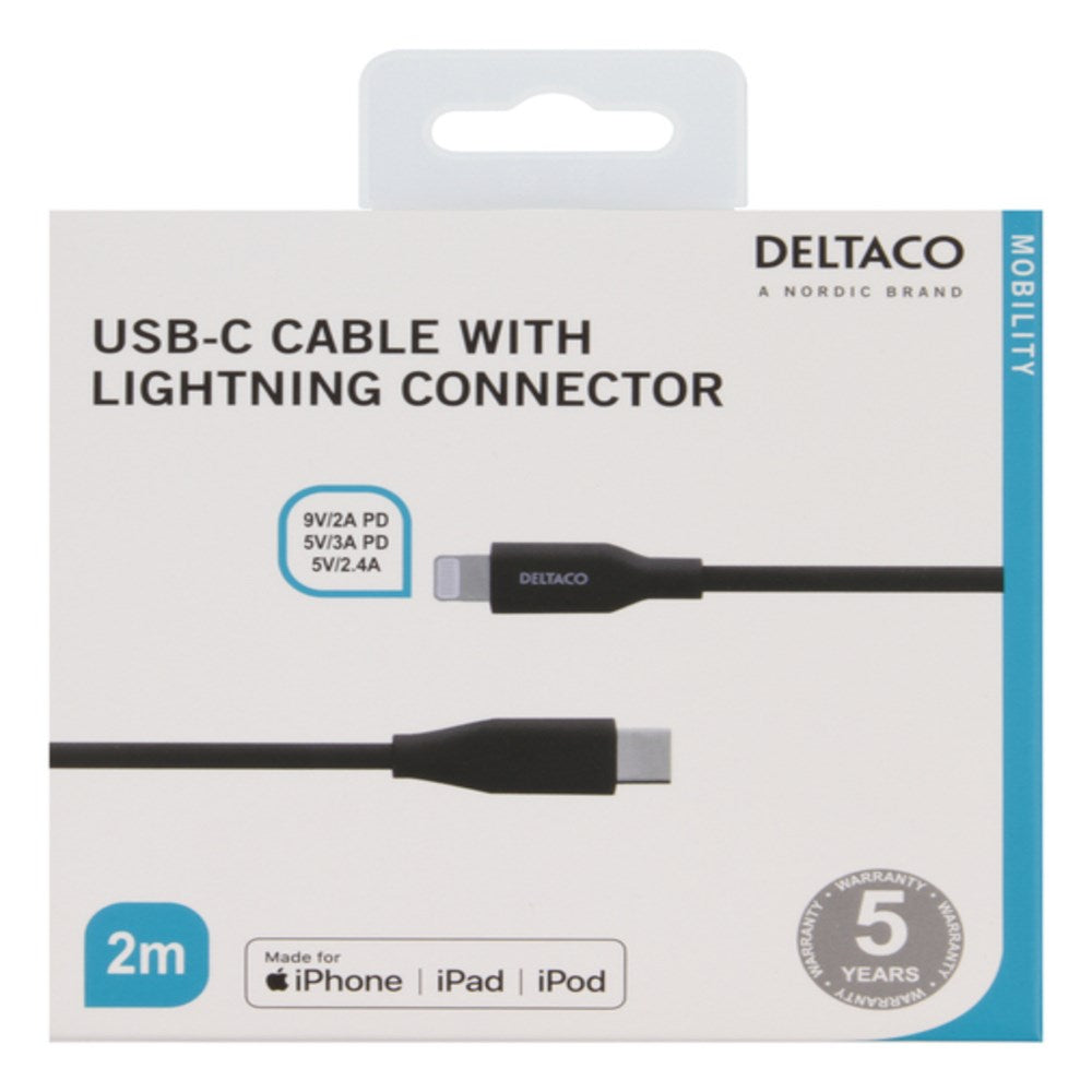 Deltaco USB-C til Lightning Kabel - 18W / 2m - Sort