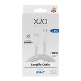 X2O Longlife USB-C til USB-C Kabel - 1m / 100W - Hvid