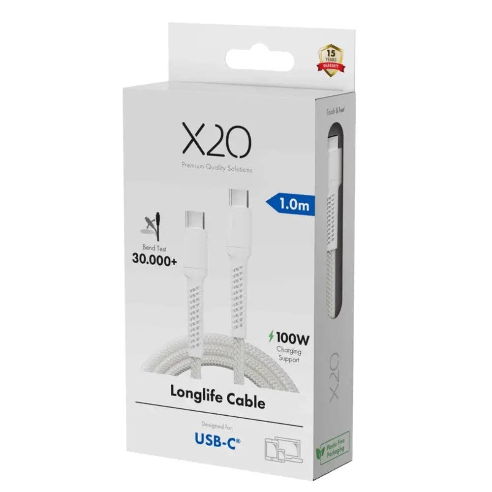 X2O Longlife USB-C til USB-C Kabel - 1m / 100W - Hvid