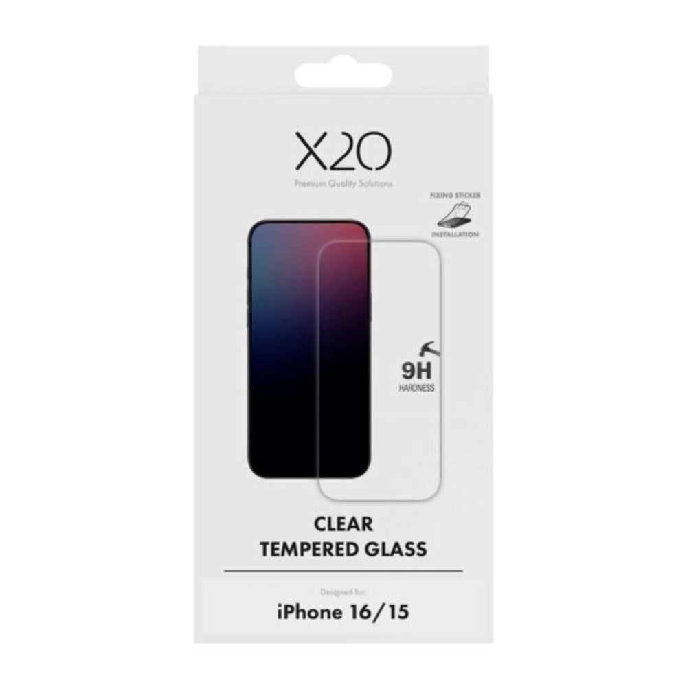 X2O iPhone 16 / 15 9H Hærdet Skærmbeskyttelsesglas - Full Fit - Gennemsigtig