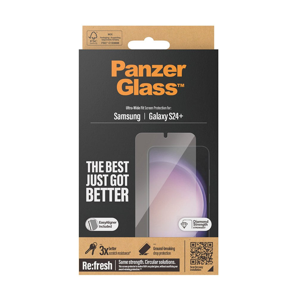 Samsung Galaxy S24+ (Plus) PanzerGlass Ultra Wide Fit Re:fresh Beskyttende glass m. EasyAligner - Diamantstyrke - Gjennomsiktig