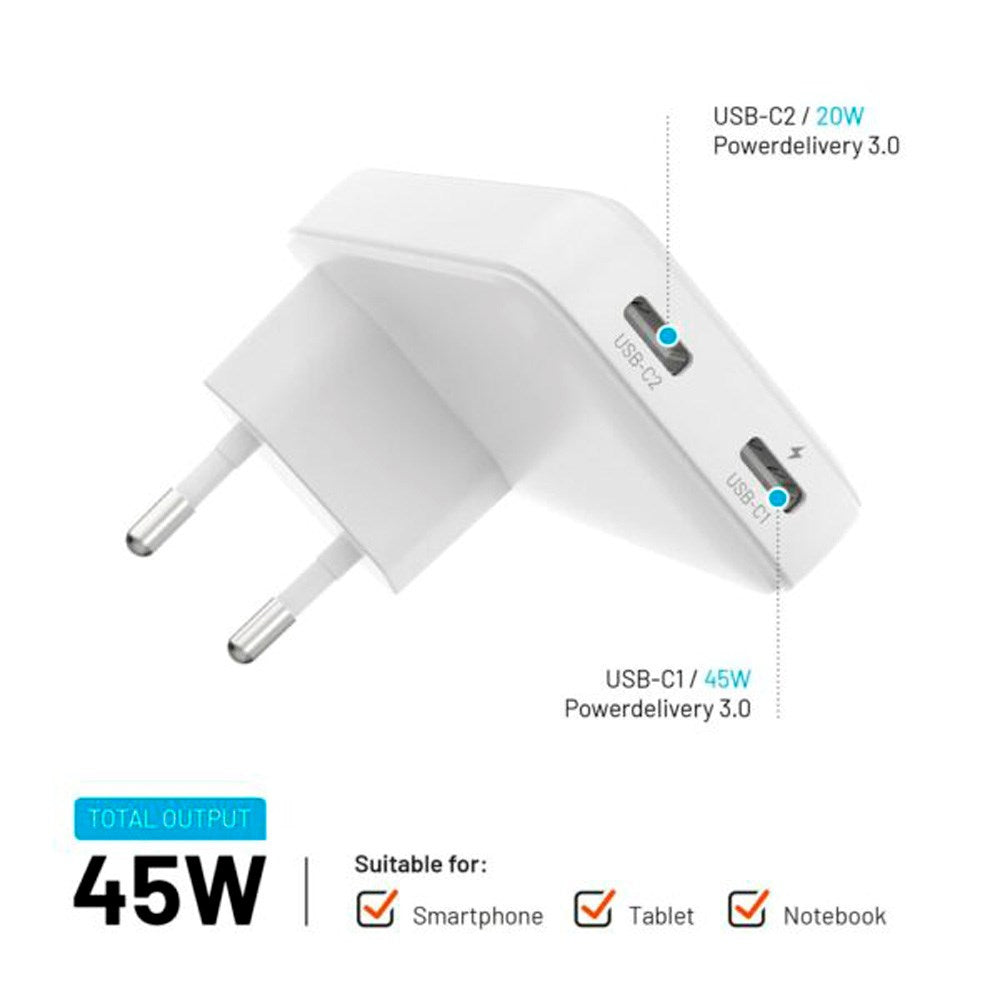 Fast Slim GaN 90W USB-C-lader - 2 porter - Hurtiglading - Hvit 