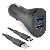 SBS 10W billadersett m. 2 x USB-A &amp; USB-C-kabel - Svart