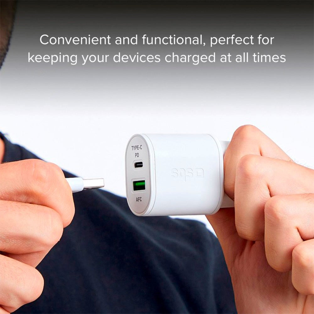 SBS 20W hurtigvegglader m. USB-C PD &amp; USB-A AFC - Hvit