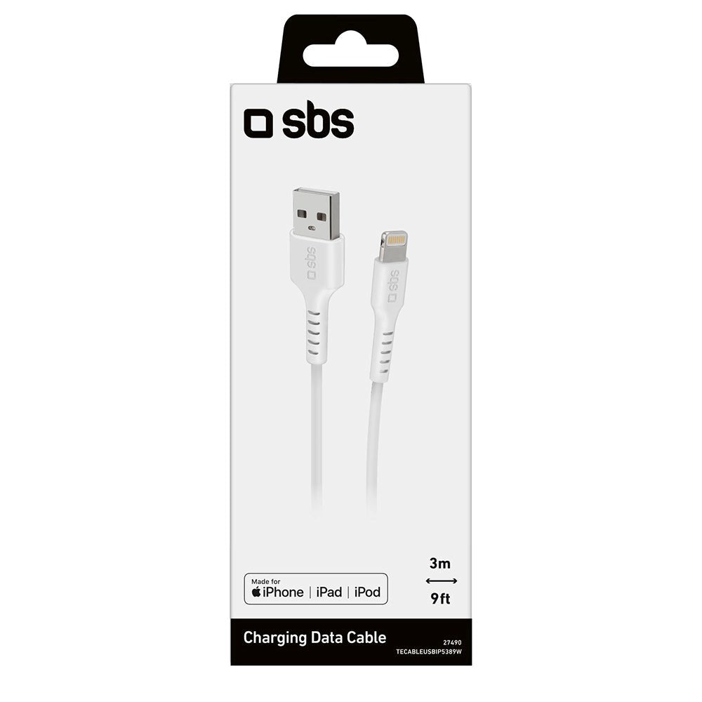 SBS USB-A til Lightning-kabel - 3 meter - MFI - 480 Mbit/s - Hvit