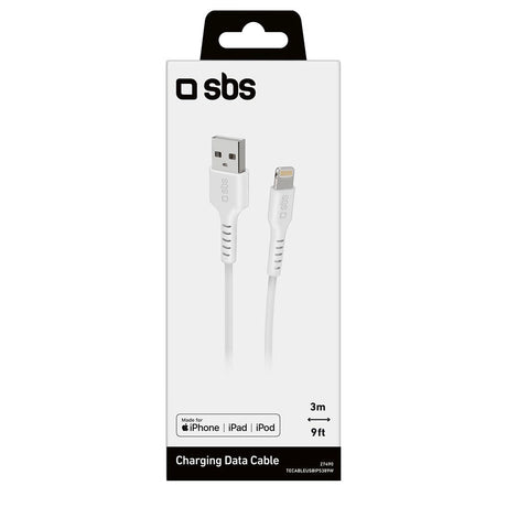 SBS USB-A til Lightning-kabel - 3 meter - MFI - 480 Mbit/s - Hvit
