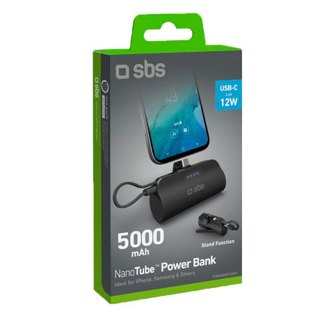 SBS Powerbank Nano Tube 12W / 5000mAh w. Stativ &amp; USB-C - USB-C-kabel - Svart