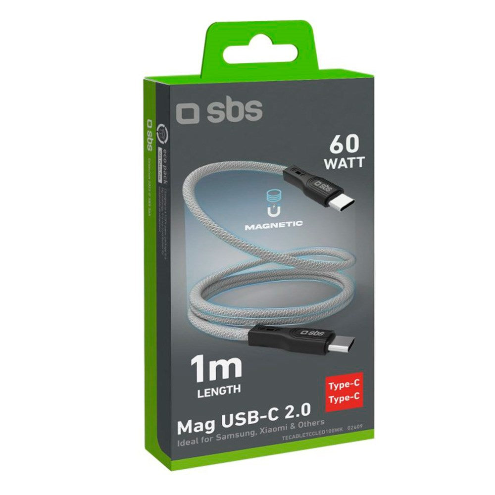 SBS Mag USB-C til USB-C magnetisk flettet kabel - 1 meter - 60W - Grå