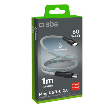 SBS Mag USB-C til USB-C magnetisk flettet kabel - 1 meter - 60W - Grå