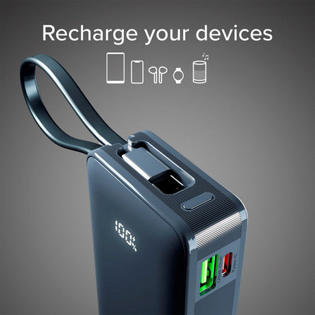 20W LCD PowerBank m. 1x USB-A & 1x USB-C - SBS - 10.000 mAh - Indbygget USB-C Kabel - Blå