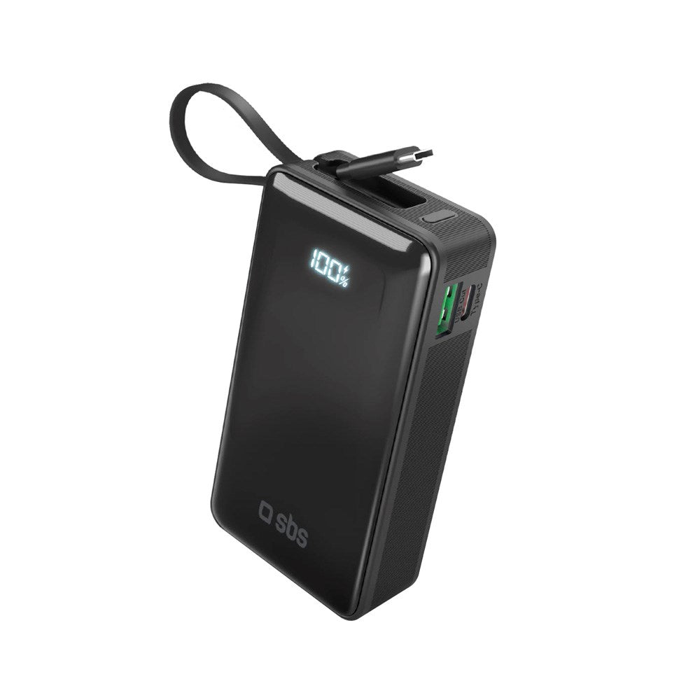 20W LCD PowerBank m. 1x USB-A & 1x USB-C - SBS - 10.000 mAh - Indbygget USB-C Kabel - Sort