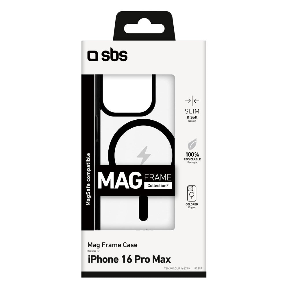 SBS Mag Frame iPhone 16 Pro Max Bagside Cover - MagSafe Kompatibel - Gennemsigtig / Sort