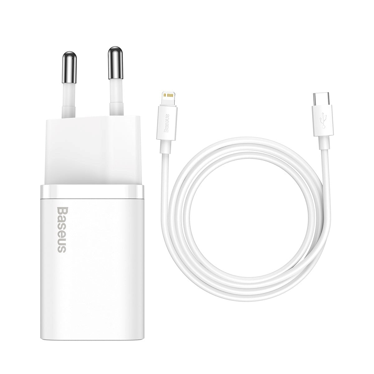 Baseus kompakt 20W vegglader USB-C hurtiglading med 1 meter USB-C til Lightning-kabel - Hvit